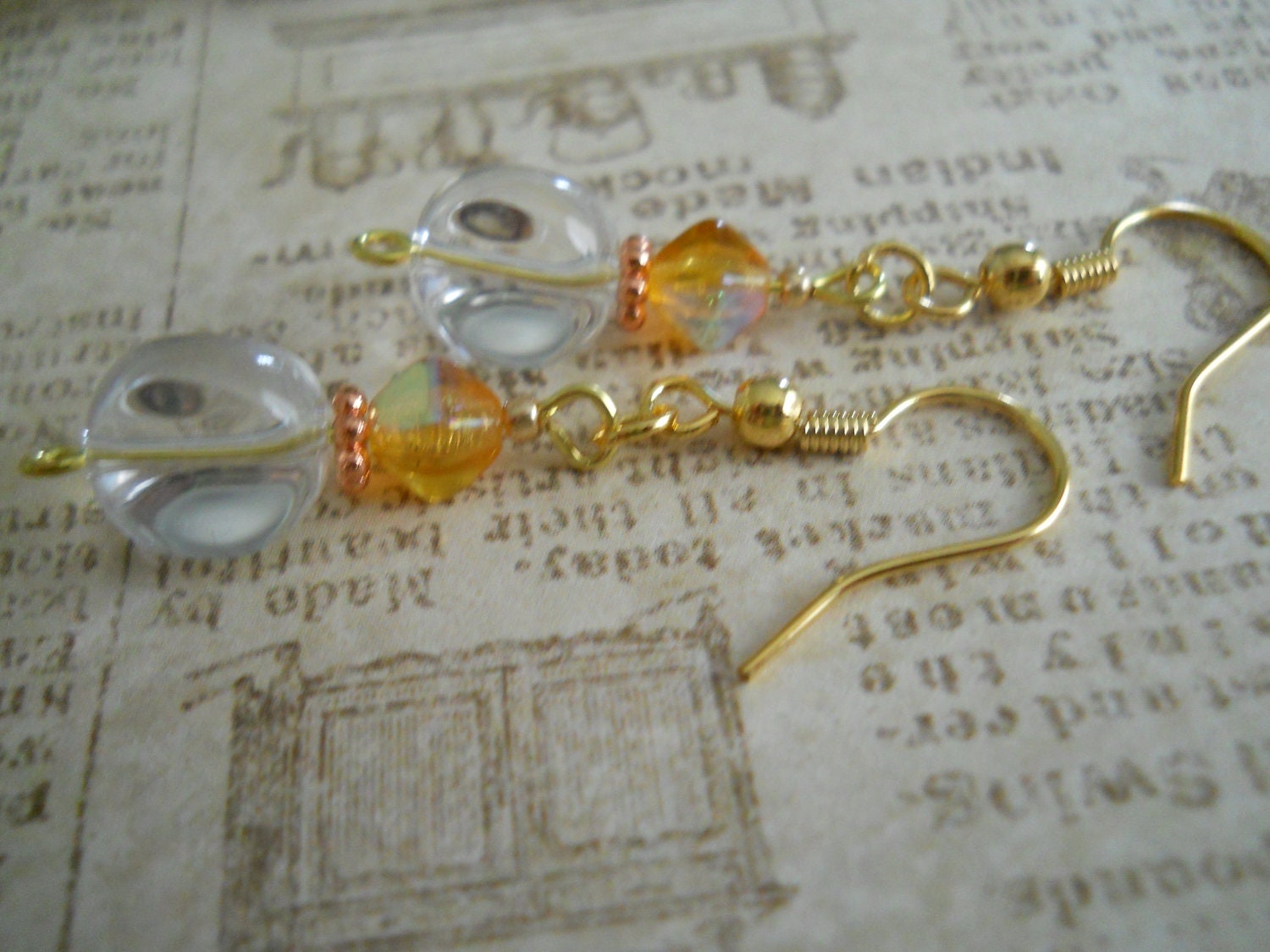 Yellow Czech Glass Earrings Copper Clear Amber Honey Gold Beaded Jewelry