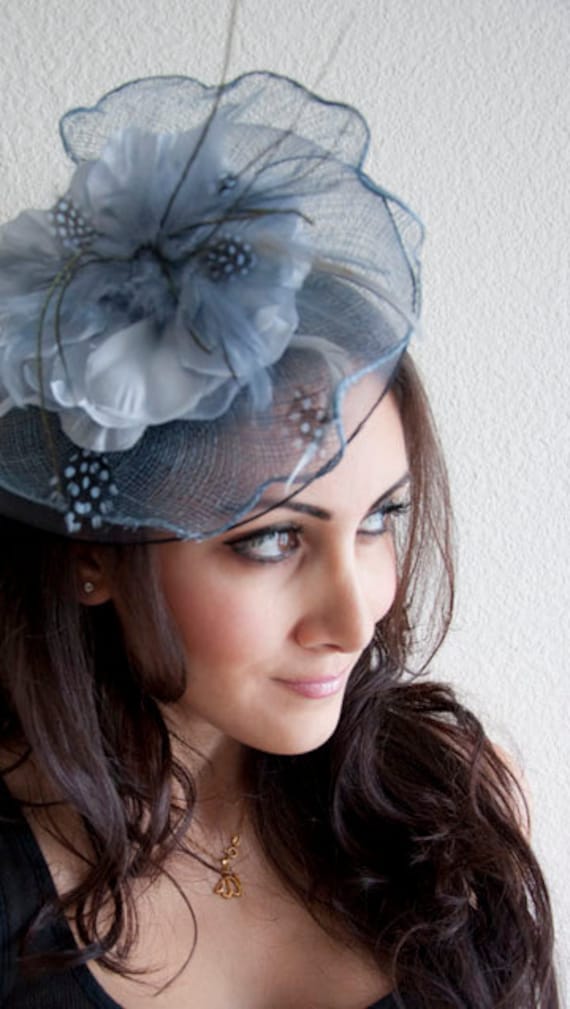 KATE Blue Gray Couture English Hat Fascinator Headband for weddings, parties, special occasions