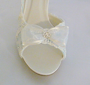 Something Blue ..mid heel...baby blue lacey wedding shoes...peep toes...Swarovski crystals and pearls