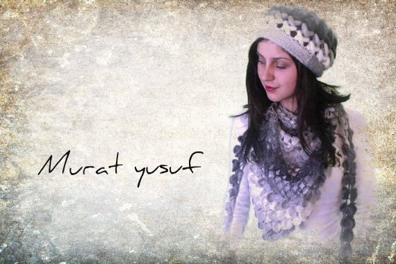 Crochet Hat and Knitting Infinity Scarf Set Gray Variegated with flower, Winter Accessories-christmas