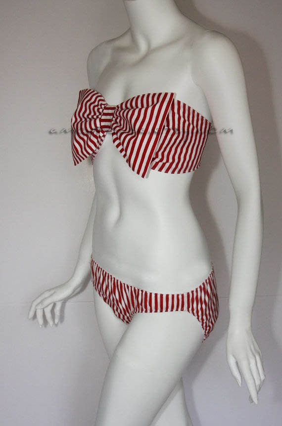 Red and White Stripe Bow Bandeau Set