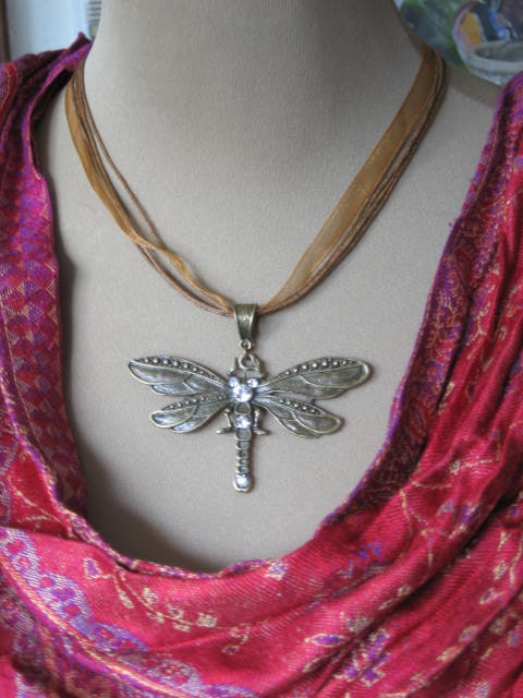 Bronze Dragonfly Pendant with Colored Fabric Necklace