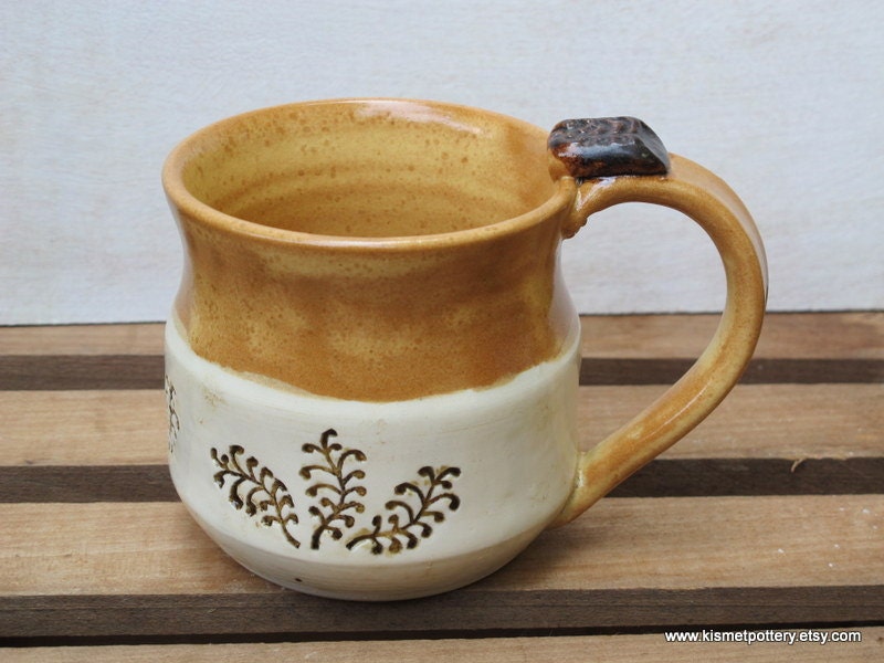 Ceramic Coffee Mug // Handmade Pottery Mug // Fern Imprint in Honey Yellow
