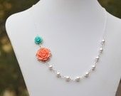Dainty Coral and Turquoise Rose Asymmetrical White Swarovski Pearl Necklace.  Bridesmaid Necklace.  Bridal Party Jewelry.