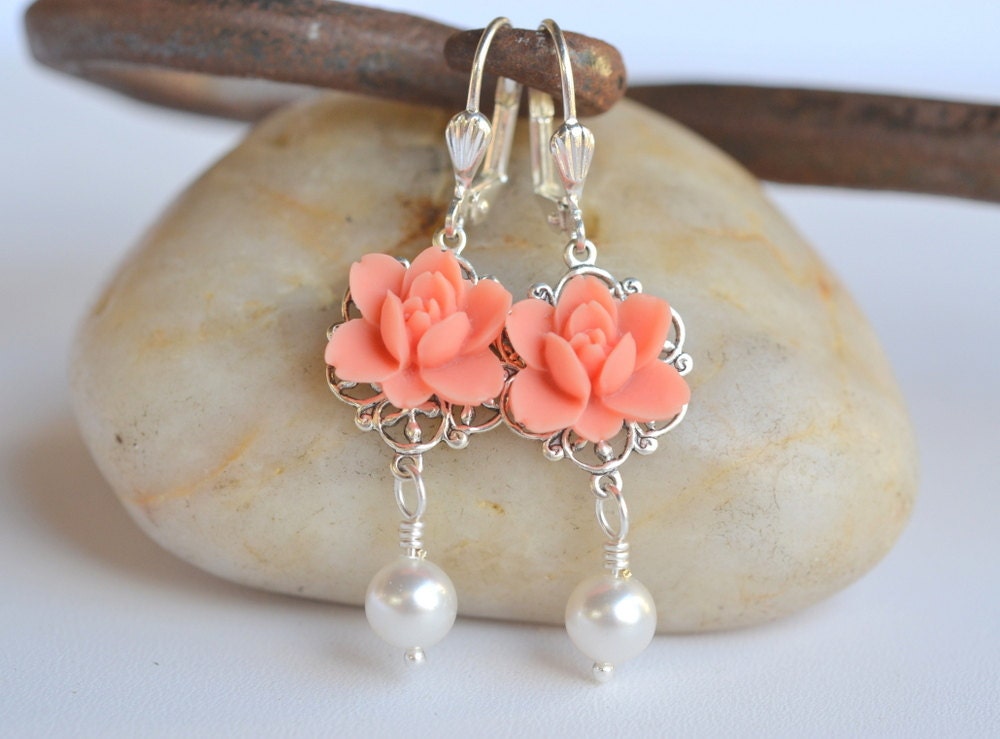 Coral Lotus Flower and White Swarovski Pearl Dangle Earrings Jewelry Gift for Her.  Free Shipping.