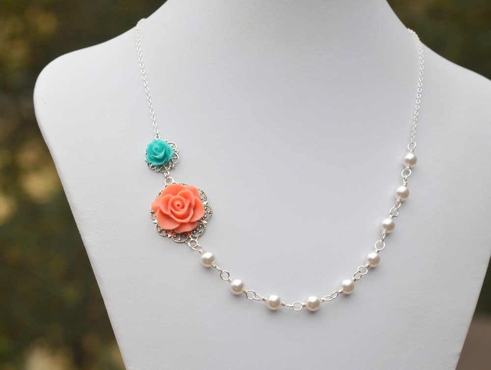 Dainty Coral and Turquoise Rose Asymmetrical White Swarovski Pearl Necklace. Bridesmaid Necklace. Bridal Party Jewelry.