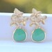 Palace Green Teardrop and Gold Earrings.  Green Glass and Gold Cherry Blossom Flower Post Drop Earrings.  Wedding Jewelry. Bridesmaid Gifts.