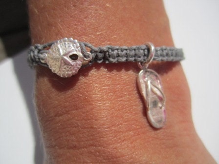 Silver Sand Dollar Waxed Linen with Flip Flop Charm with Pearl bead closure