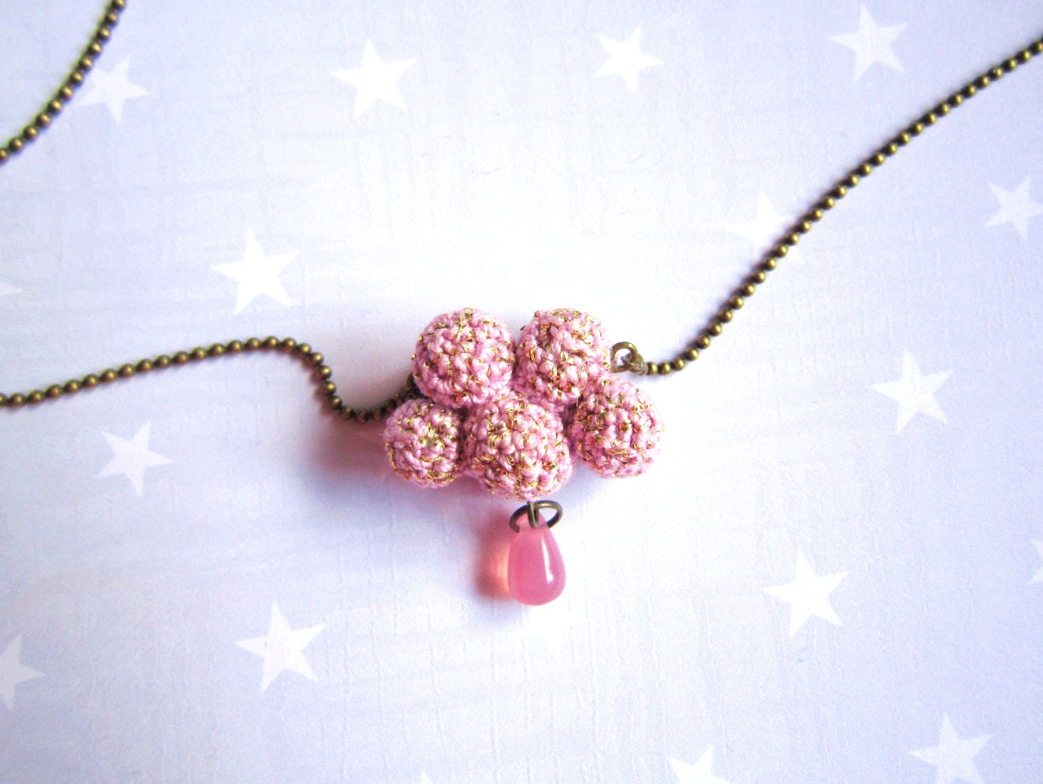 Necklace pink cloud and raindrop. Crochet cloud. Pink Valentine's gift