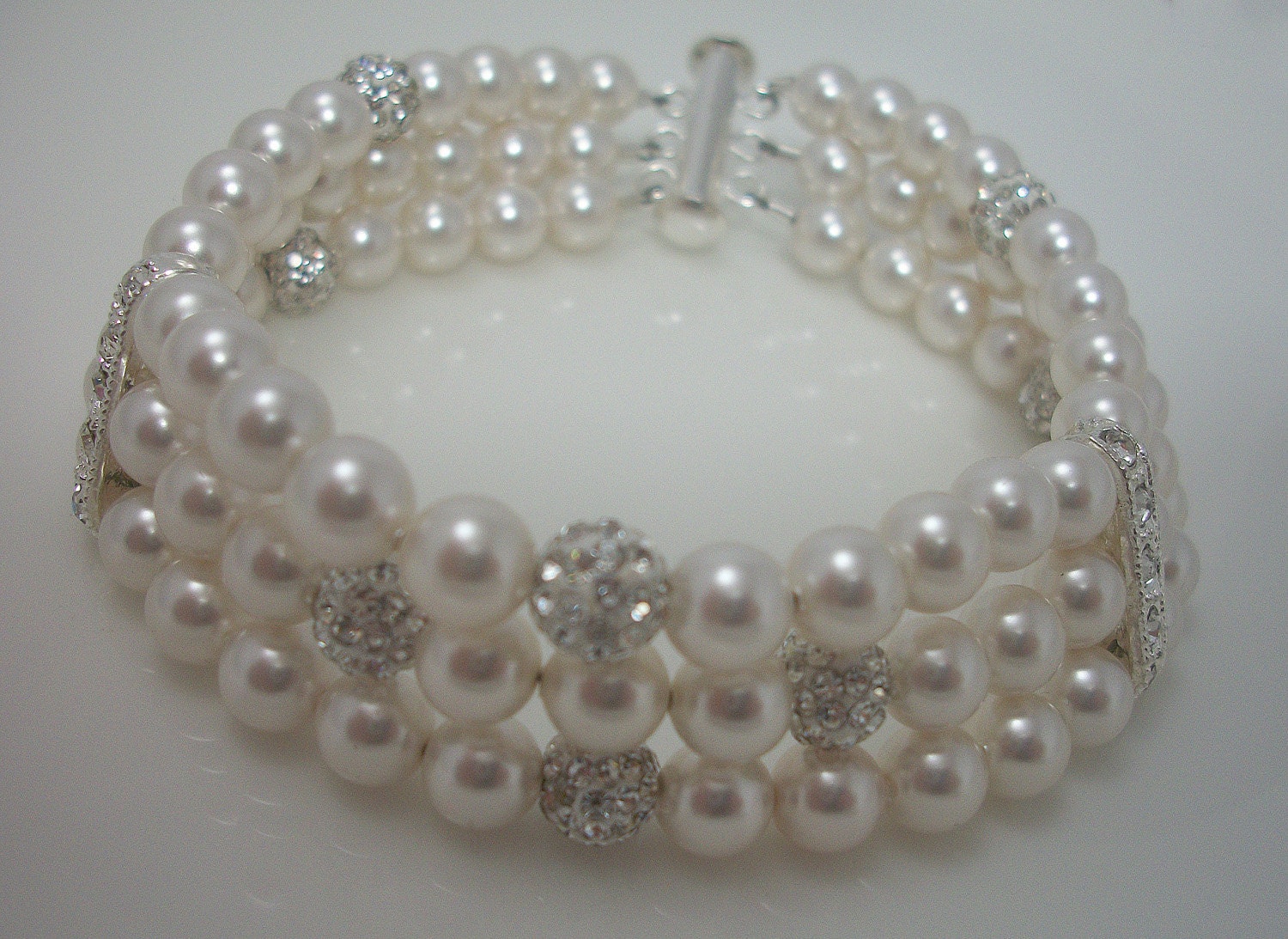 Triple Strand Swarovski Crystal Pearl Rhinestone Ball Bridal Bracelet, The Kelsey