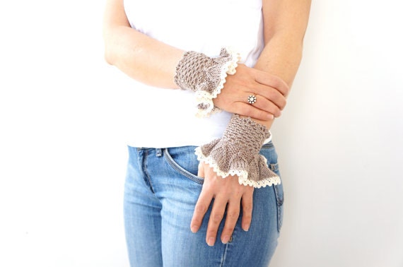FREE SHIPPING // Taupe Bracelet Romantic Lace Crochet Cuffs Fine Cotton Stylish Handmade Wedding-gloves