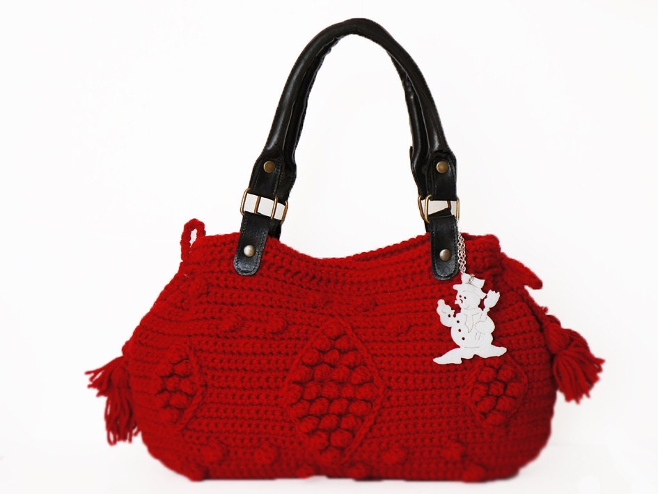 Red Handbag- Celebrity Style With Genuine Leather Handles- shoulder bag- crochet bag hand made