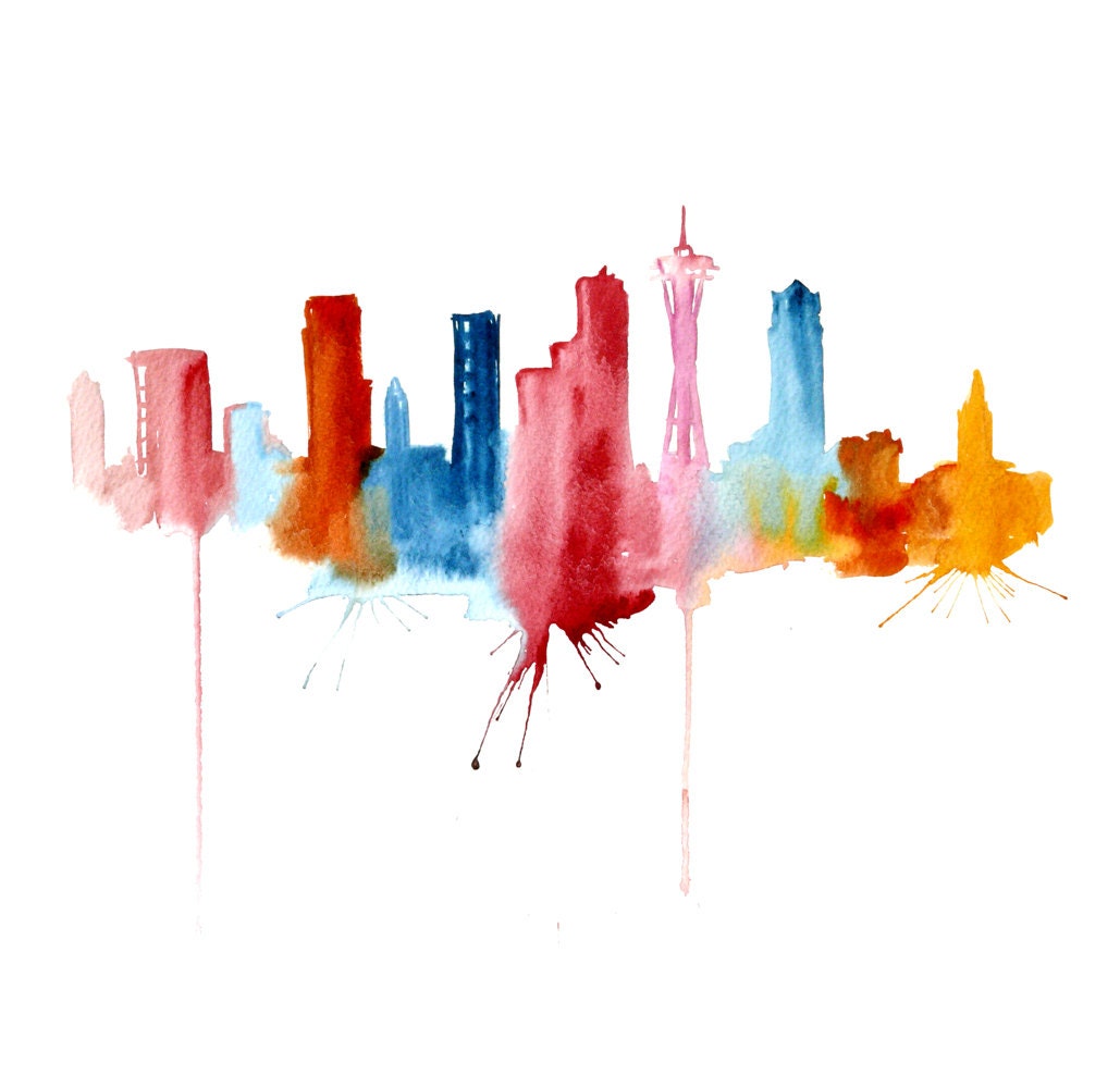 Seattle abstract city Painting 13x19 Original watercolor painting - cityskape
