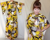 ViNtAgE 1970s MAXI DRESS // yellow psychedelic floral & mushroom print caftan // c696