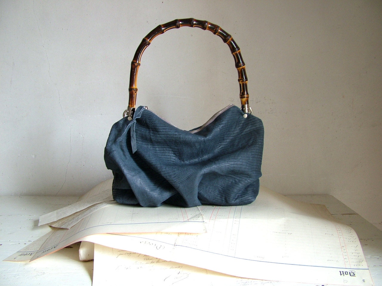 Blue Leather Handbag with Bamboo Handle - Limited Edition - Made to Order .