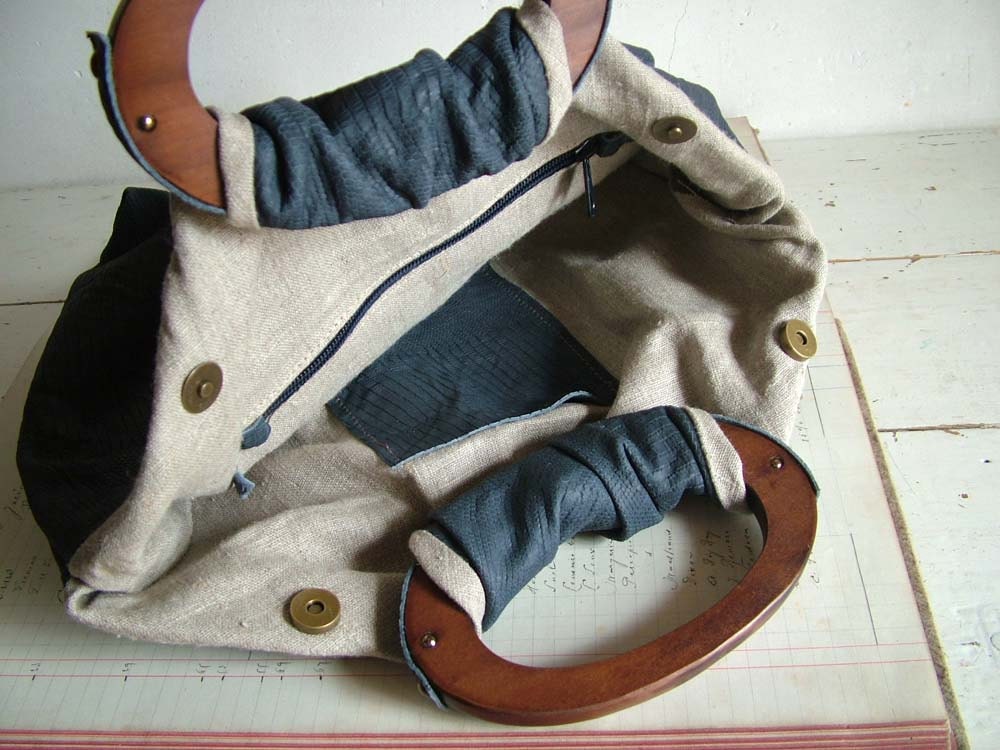 Reserved for Wtafreak -CLEARANCE Leather Tote in Navy Blue with Natural Linen Trimming. Ready to Ship. 50% off original price.