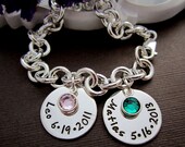 Two Baby/ Children Name w/ Birth Date charm Bracelet, Mother's Bracelet, Personalized Mom Bracelet with Birthstones