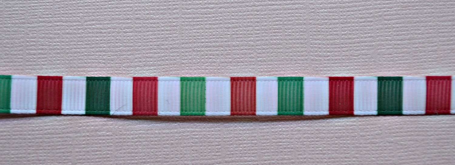 Red, green and White horizontal stripes 3/8 inch woven grosgrain ribbon Christmas Il_170x135