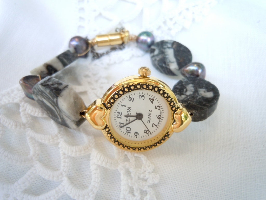 Gold Toned Watch Face with Semi Precious Stones Freshwater Pearls and the Easiest Clasp Ever