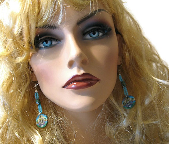 Eyptian Style King Tut and Pyramids Polymer Clay Turquoise Blue Earrings
