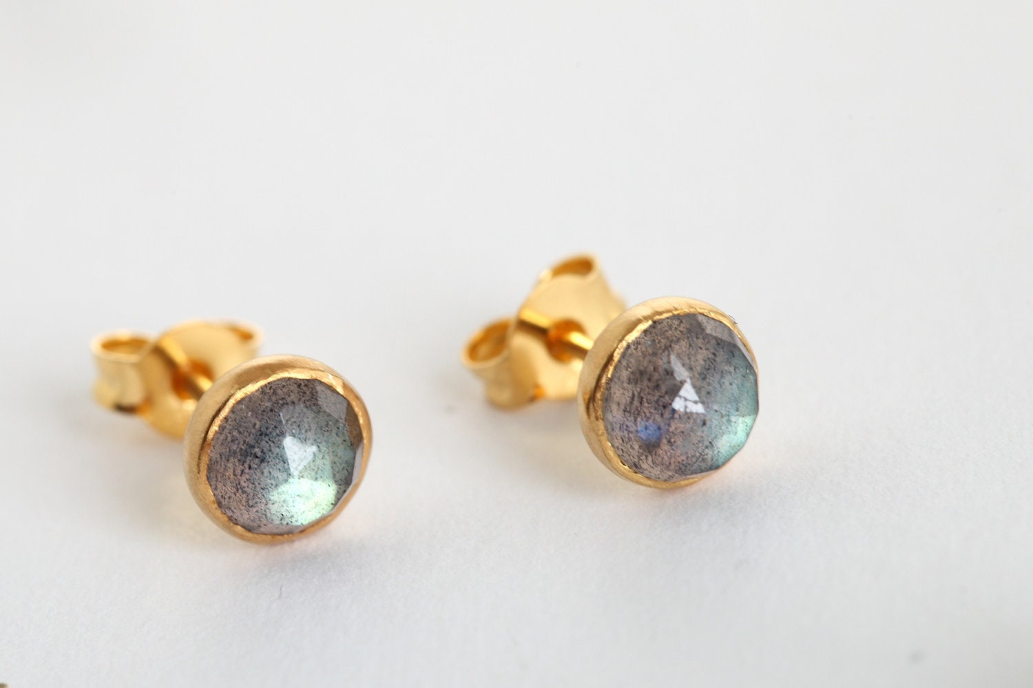 Labradorite earrings, Stone earrings, Gold studs, Labradorite stone, Rose cut stone, Grey rainbow stone.