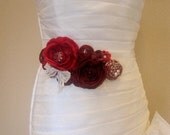 Bridal Deep Red Rosette Maternity or Bridal Sash Vintage-inspired w/ Handrolled Fabric Rosettes & Feathers