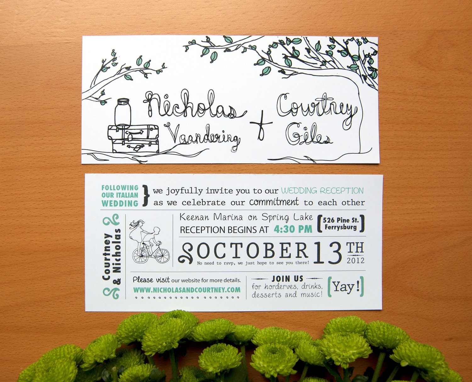 Rustic Wedding Invitation With Tandem Bicycle & Tree Illustration