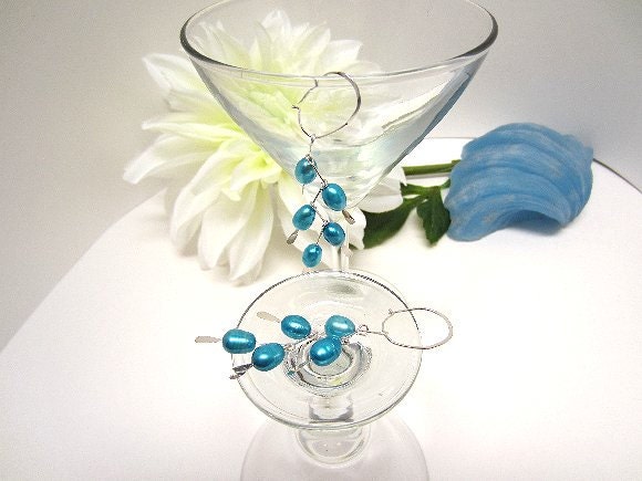 Dangle Earrings Teal Pearls Sterling Oval Hoops