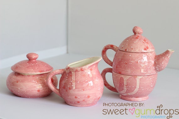 Pink Teapot, Cream and Sugar bowl set hand painted and food safe