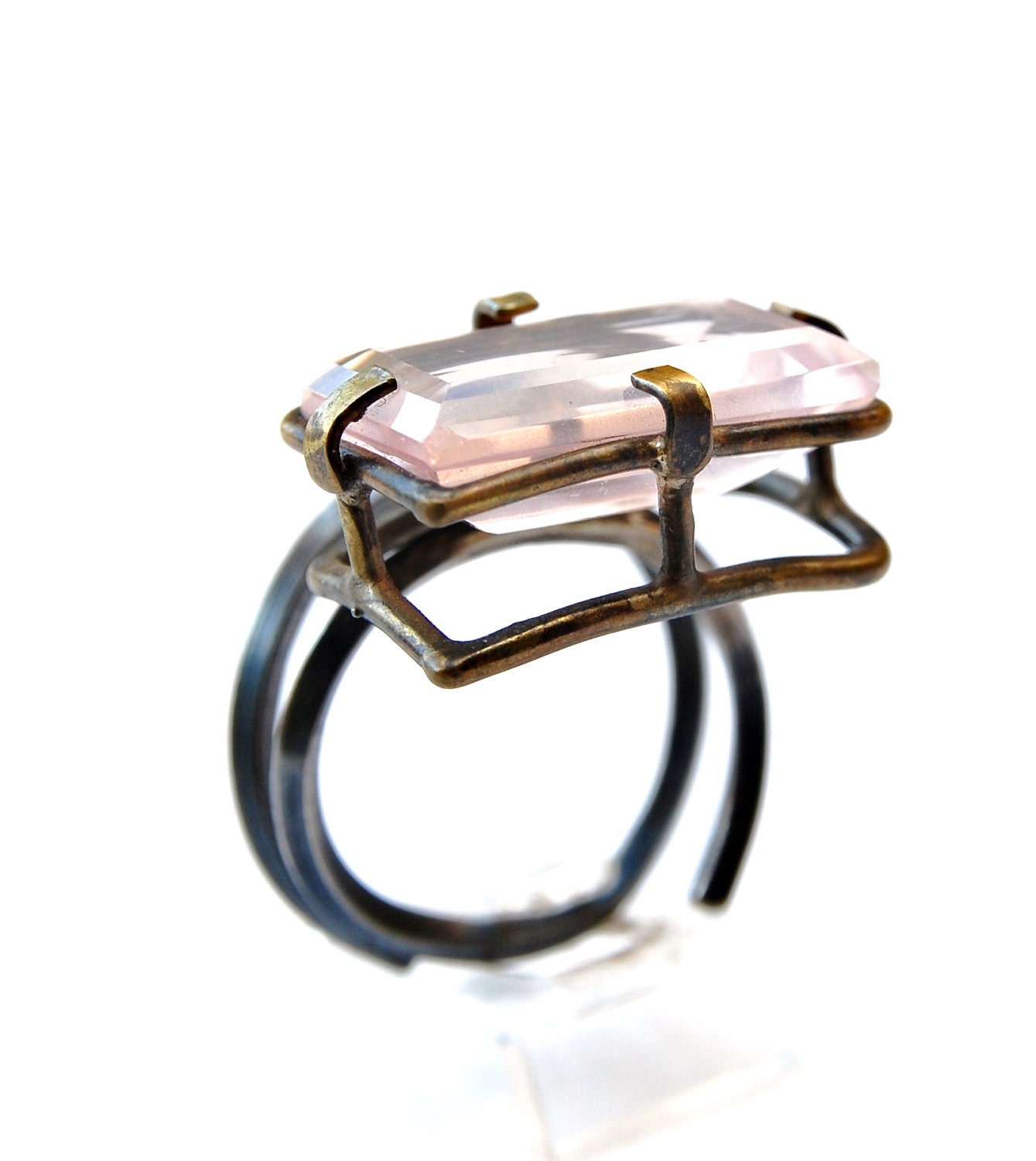 Silver & Brass Rose Quartz  Ring size 8 1/4 Adjustable OOAK Statement Ring