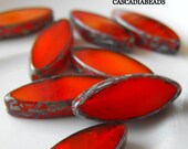Czech Glass Bead - Spindle - Picasso - Cajun Orange Red - 6 - 17x8mm (cab-553)