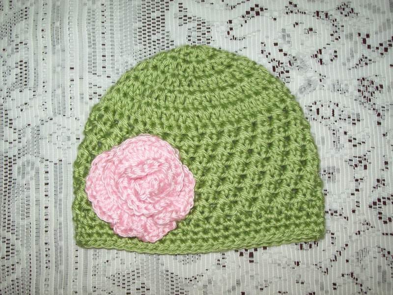 Boutique Crochet Baby Girls Green & Pink Beanie Hat Cap 12-24M 1-2T 16"