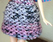 Pink Grey Black and White Crochet Barbie Doll Skirt With Pink and Blue Ribbon