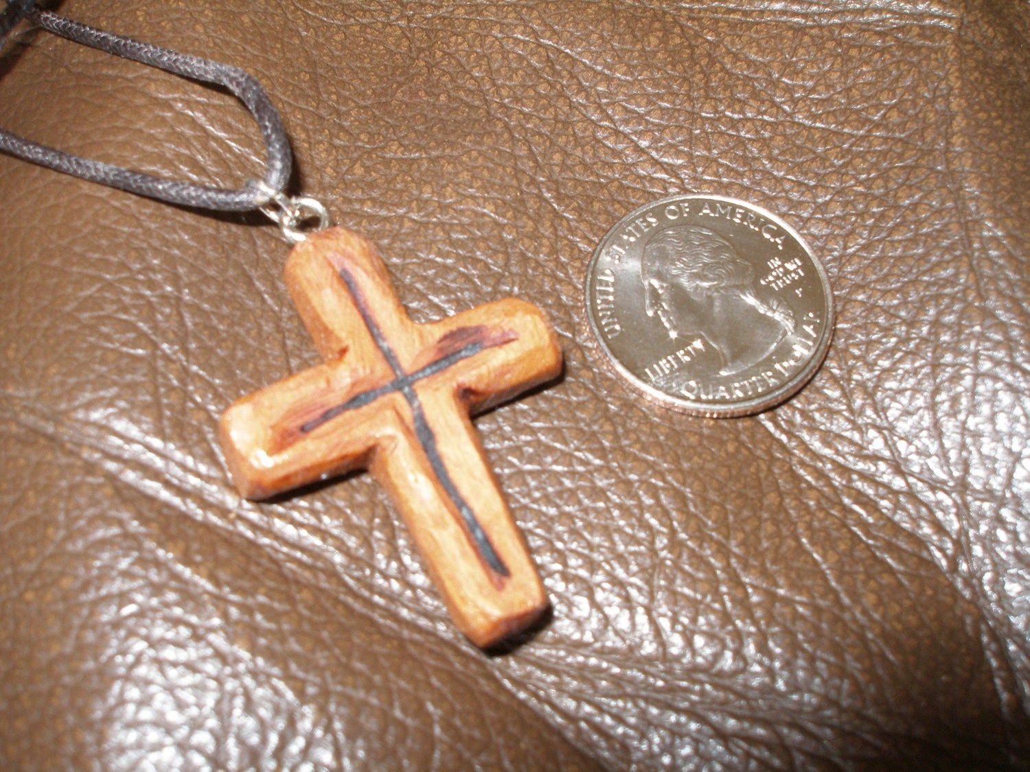 Hand Carved Cherry Rugged Cross Pendant Necklace..Great Rustic Wedding Gift Idea
