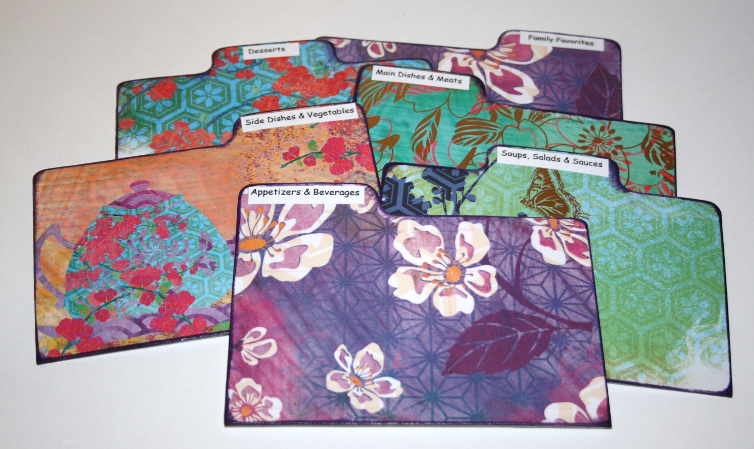 Divider Cards of Formica - Set of 6 Floral Asian Print Custom 4x6 Recipe Divider Cards