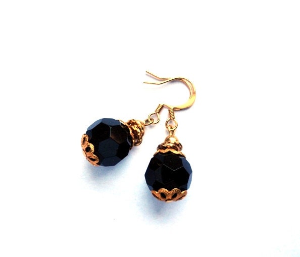 Black and gold earrings - onyx black glass faceted beads and gold - jewelry gift for her under 25, dangle, spring and summer