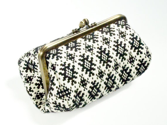 Embroidered Black and White Ikat Pattern Capacious Pouch