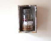Domestic Time Capsule, 3d wall hanging, assemblage sculpture, mason jar, thread, key, fly