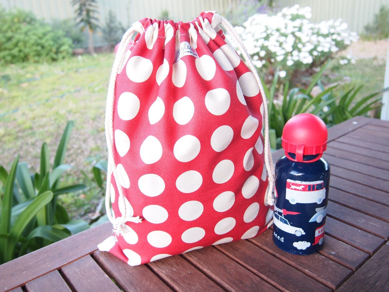 Large Drawstring Bag / Library Bag - Large Dots (Red)