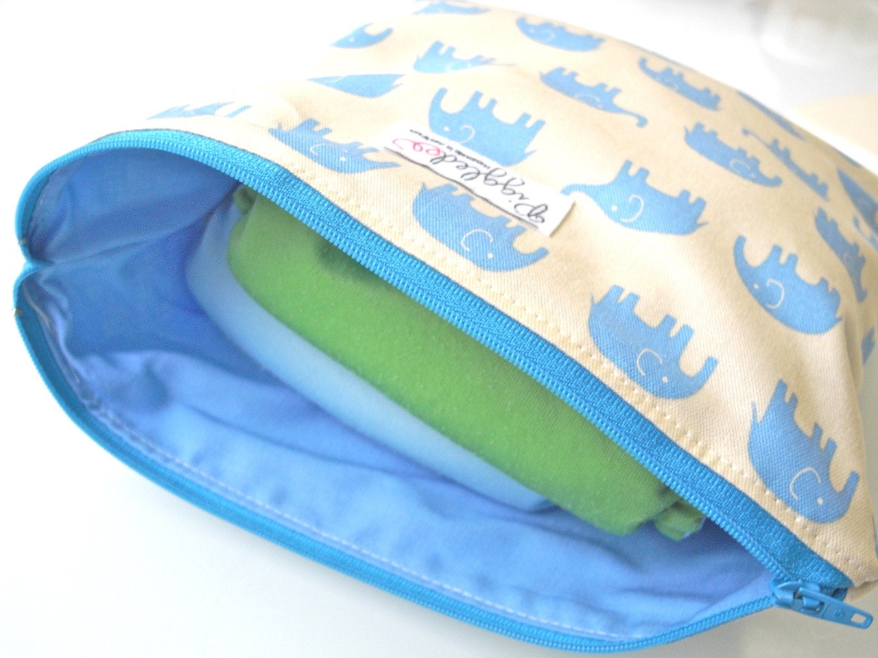 Zippered Pouch / Nappy or Diaper Case - Blue Elephants