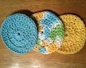 Crochet Aqua Blue and Yellow Cotton Facial Pads, Scrubbies, Coasters Set of 3