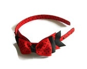 Bow Headband Ladybug Red and Black ribbon wrapped hard headband with Black and Red Ribbon Bow with Rhinestones - LPHBNY