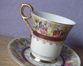 vintage Japanese tea cup set, Royal sealy tea set, French Victorian couple courting scene, Fragonard style, Valentine's day gift