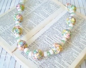 Chunky Pastel Beads Necklace Handmade OOAK Cream Mint Grass Green Pink