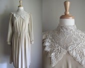 1960s 1970s Day Dress / Vintage Cream and Lace Dress