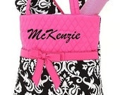 Diaper Bag Personalized Quilted Black Damask Hot Pink