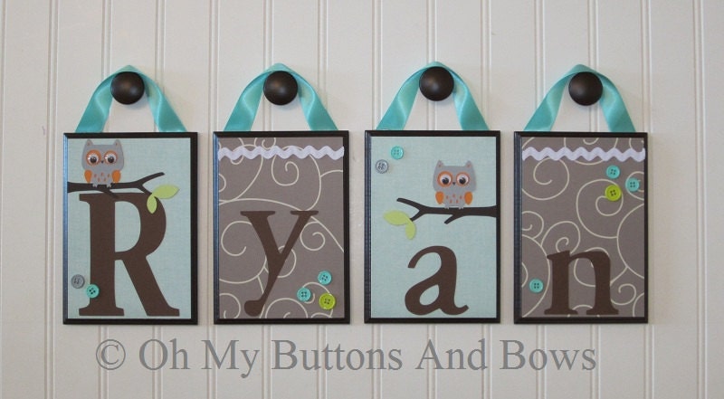 Wall Letters . Nursery Name Blocks . Nursery Decor . Baby Name Blocks . Hanging Wood Name Blocks . Owls . Aqua Gray Brown