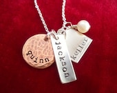 Stamped Tag Necklace with Three Kids Names Mixed Metals and Shapes