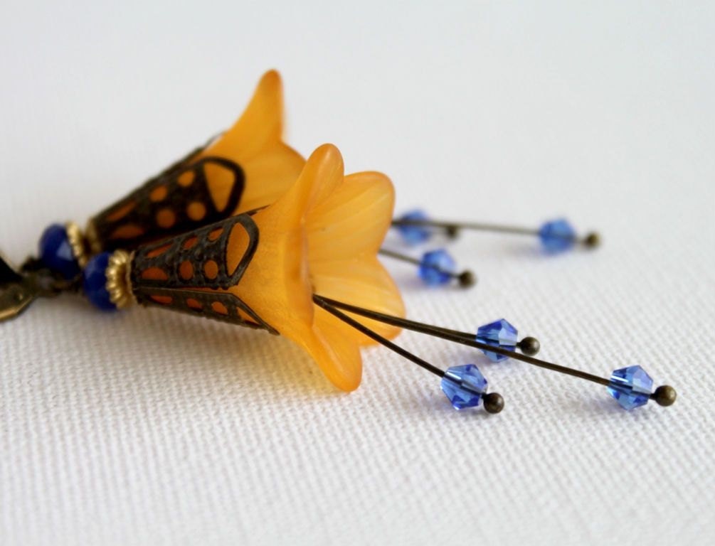 Pumpkin Orange Lucite Flower Earrings. Swarovski Blue Vintage Earrings.  Antique Bronze Earrings.
