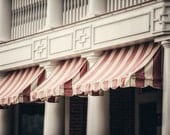 Cottage Decor, French Country Decor, Pink Striped Awning Photograph, Vintage Hotel Cafe Streetscape Chautauqua Institution, Red, Cream.